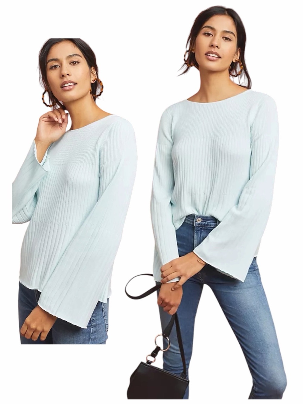 NEW Anthropologie Pale Blue‎ Ribbed Bell-Sleeve Top By Michael Stars $138 Size L